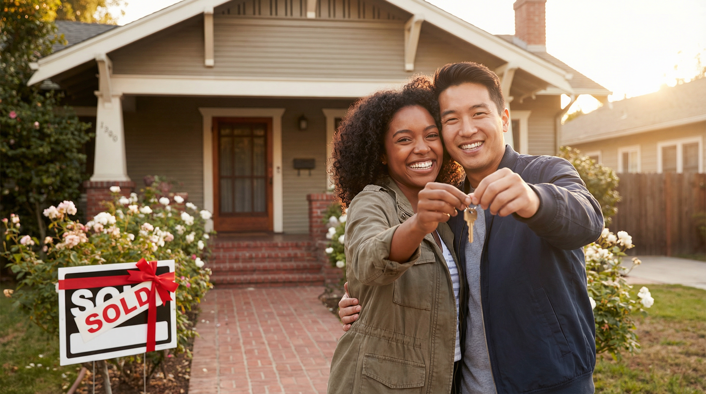 Happy couple holding keys to their new home